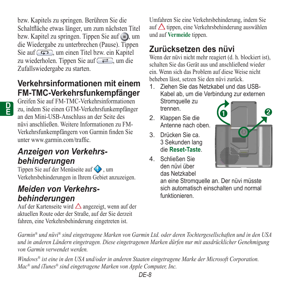Anzeigen von verkehrs- behinderungen, Meiden von verkehrs- behinderungen, Zurücksetzen des nüvi | Garmin nuvi 350 EN User Manual | Page 34 / 92