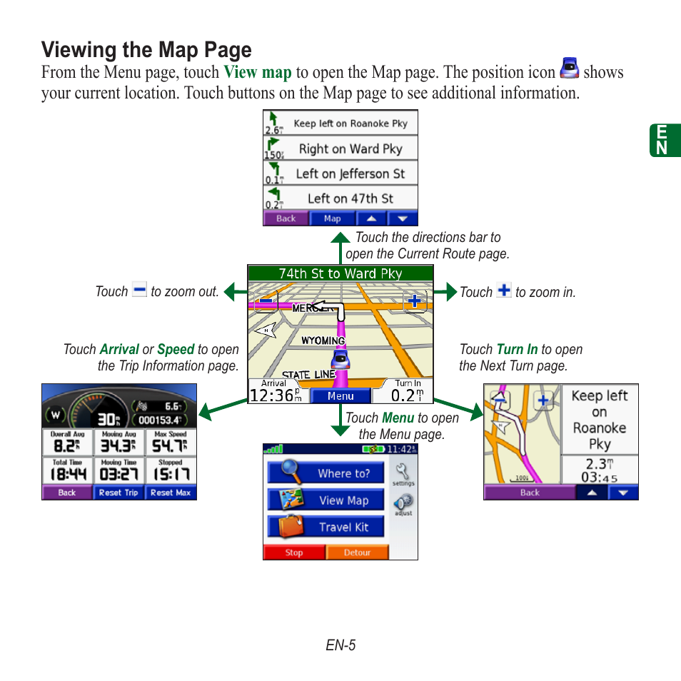 Viewing the map page | Garmin nuvi 350 EN User Manual | Page 7 / 92