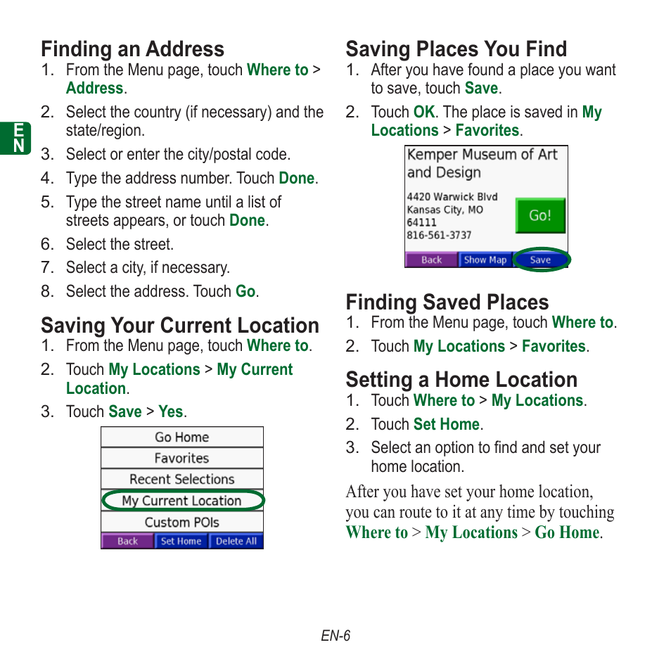 Finding an address, Saving your current location, Saving places you find | Finding saved places, Setting a home location | Garmin nuvi 350 EN User Manual | Page 8 / 92