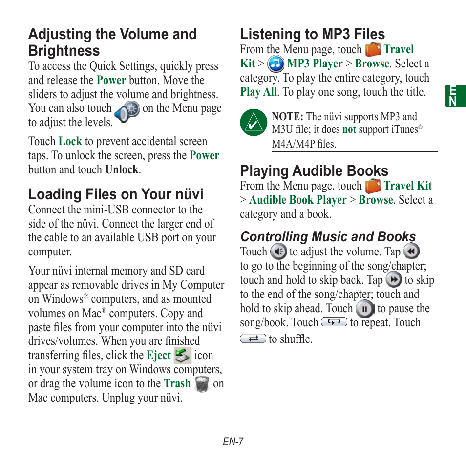 Adjusting the volume and brightness, Loading files on your nüvi, Listening to mp3 files | Playing audible books | Garmin nuvi 350 EN User Manual | Page 9 / 92