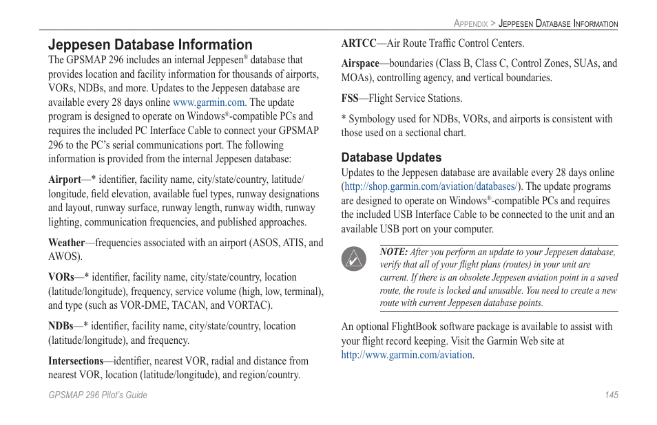 Jeppesen database information | Garmin GPSMAP 296 User Manual | Page 153 / 168