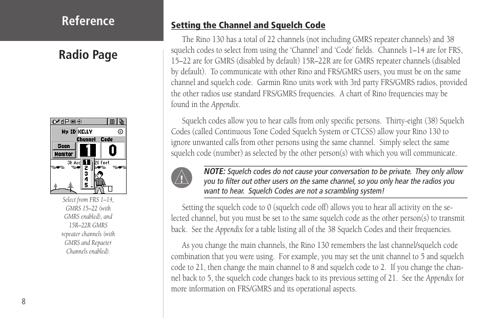 Setting the channel and squelch code, Setting the channel and squelch code 8, Reference | Radio page | Garmin Rino 130 User Manual | Page 22 / 130