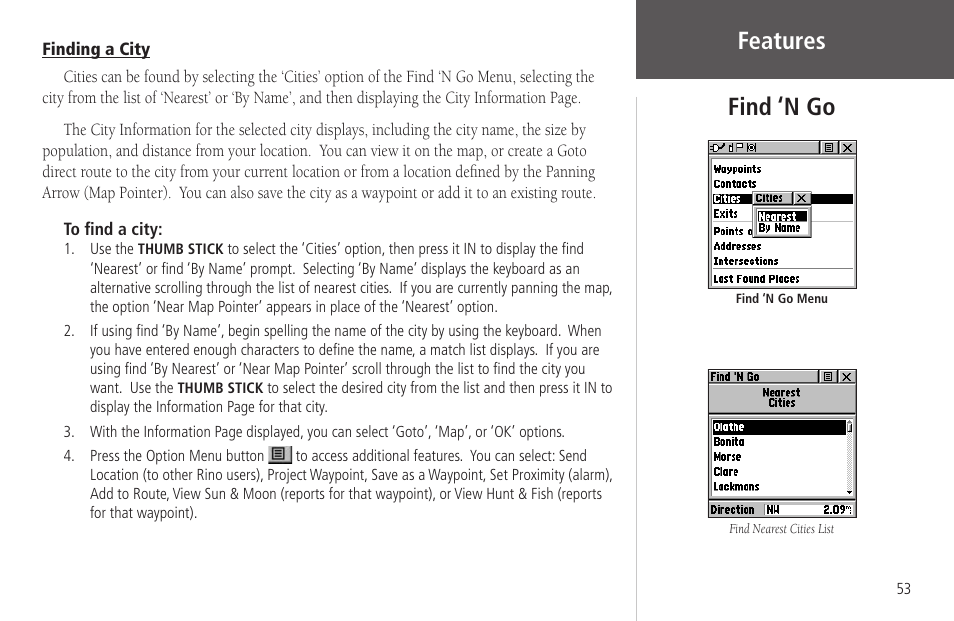 Finding a city, Features, Find ‘n go | Garmin Rino 130 User Manual | Page 67 / 130