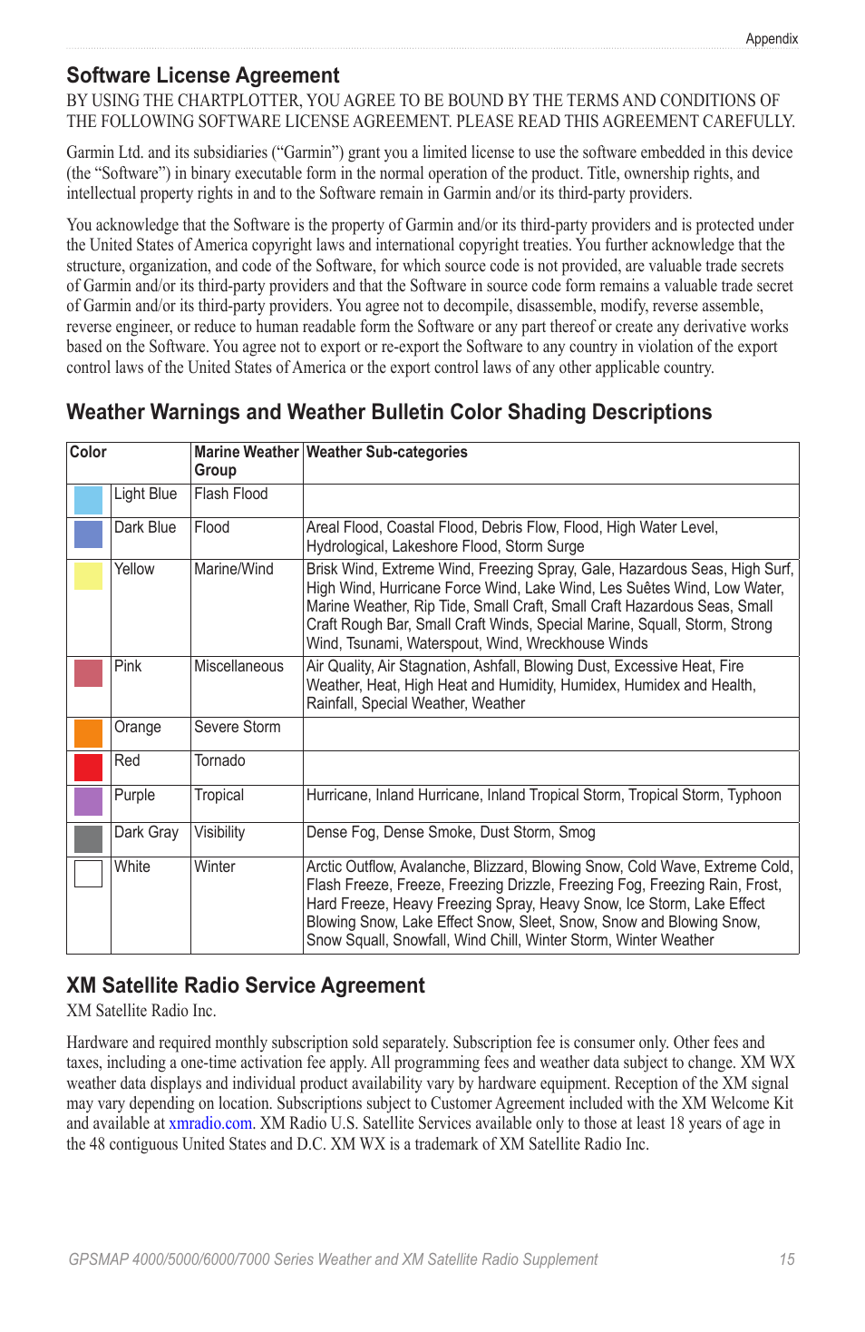 Software license agreement, Xm satellite radio service agreement | Garmin 7000 User Manual | Page 19 / 24