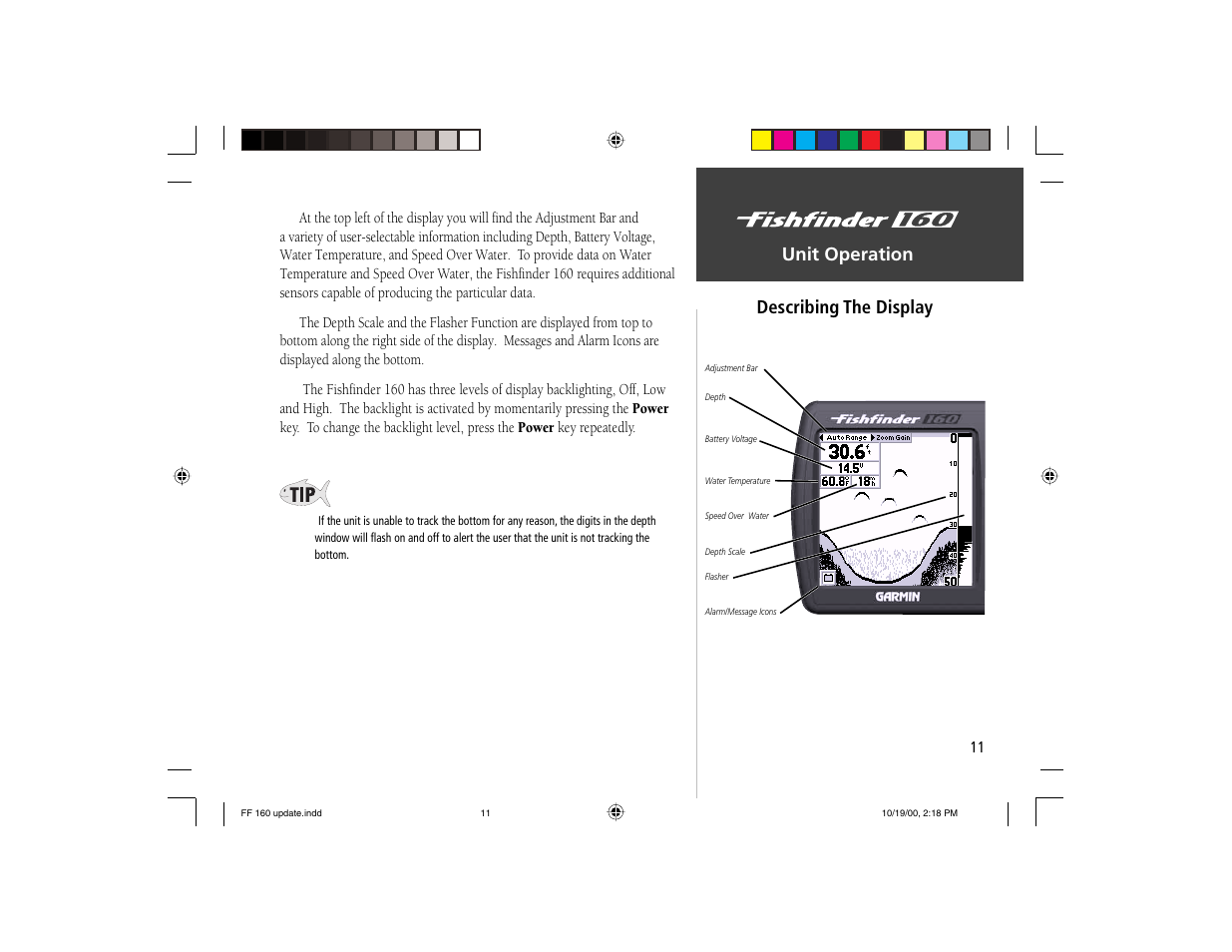 Unit operation, Describing the display | Garmin 160 User Manual | Page 19 / 50