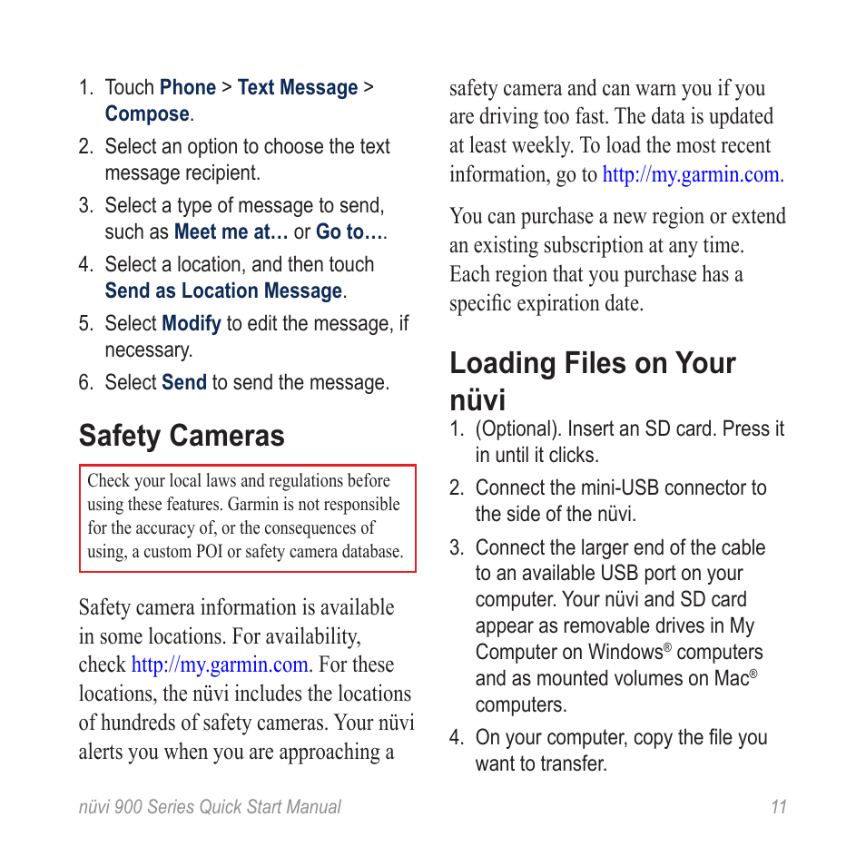 Safety cameras, Loading files on your nüvi | Garmin Nuvi 900 User Manual | Page 13 / 16