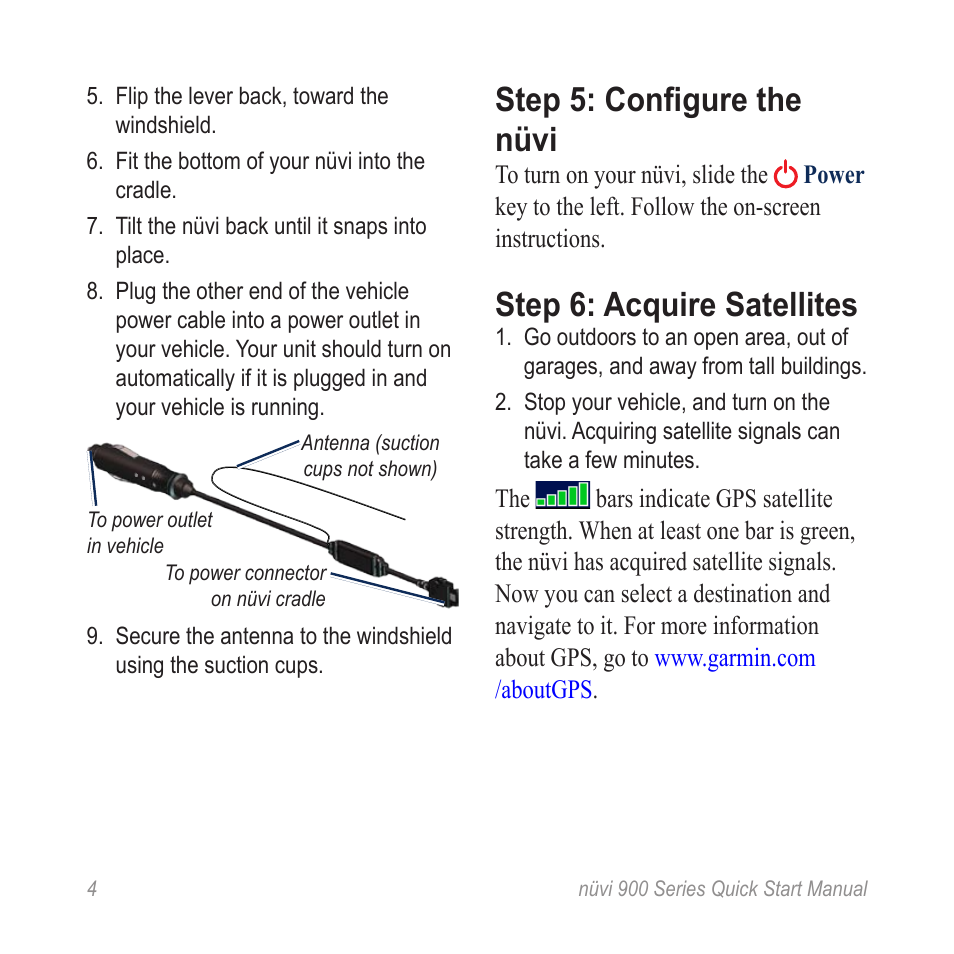 Step 5: configure the nüvi, Step 6: acquire satellites | Garmin Nuvi 900 User Manual | Page 6 / 16
