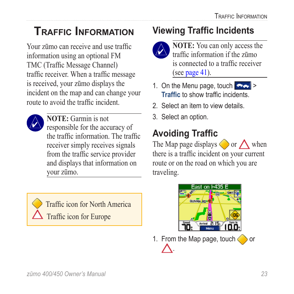 Traffic information, Viewing traffic incidents, Avoiding traffic | Garmin ZUMO 400 EN User Manual | Page 29 / 60