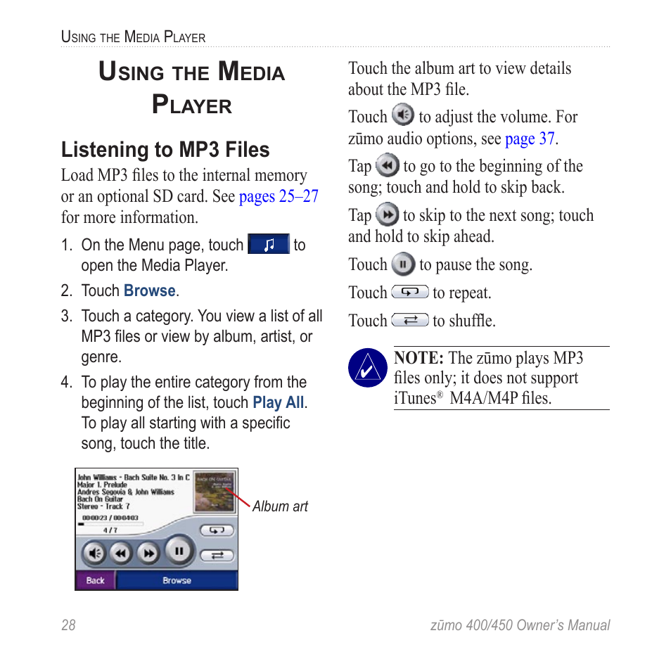 Using the media player, Listening to mp3 files | Garmin ZUMO 400 EN User Manual | Page 34 / 60