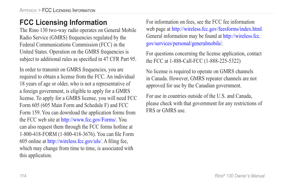 Fcc licensing information | Garmin rino130 User Manual | Page 120 / 132
