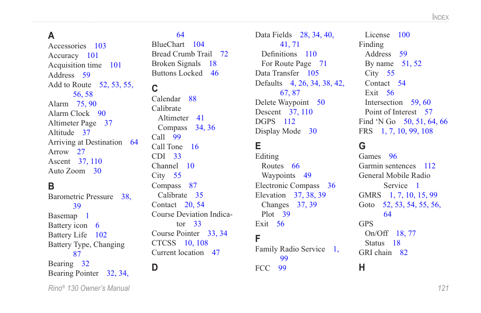 Index | Garmin rino130 User Manual | Page 127 / 132