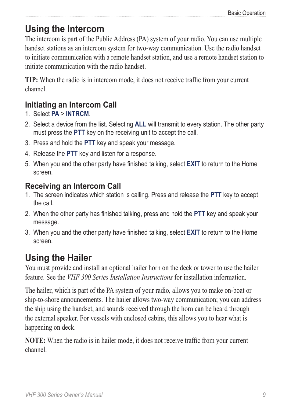 Using the intercom, Using the hailer, Initiating an intercom call | Receiving an intercom call | Garmin 190-01098-00 User Manual | Page 15 / 62
