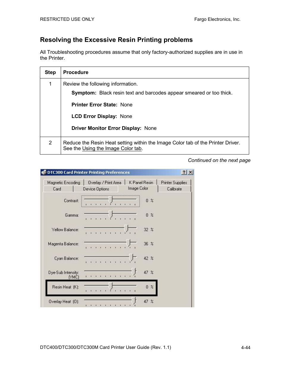 Resolving the excessive resin printing problems | Fargo DTC300 User Manual | Page 101 / 278