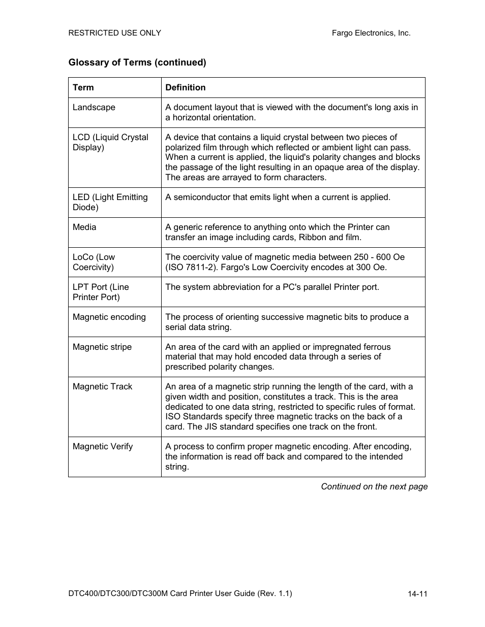 Glossary of terms (continued) | Fargo DTC300 User Manual | Page 262 / 278
