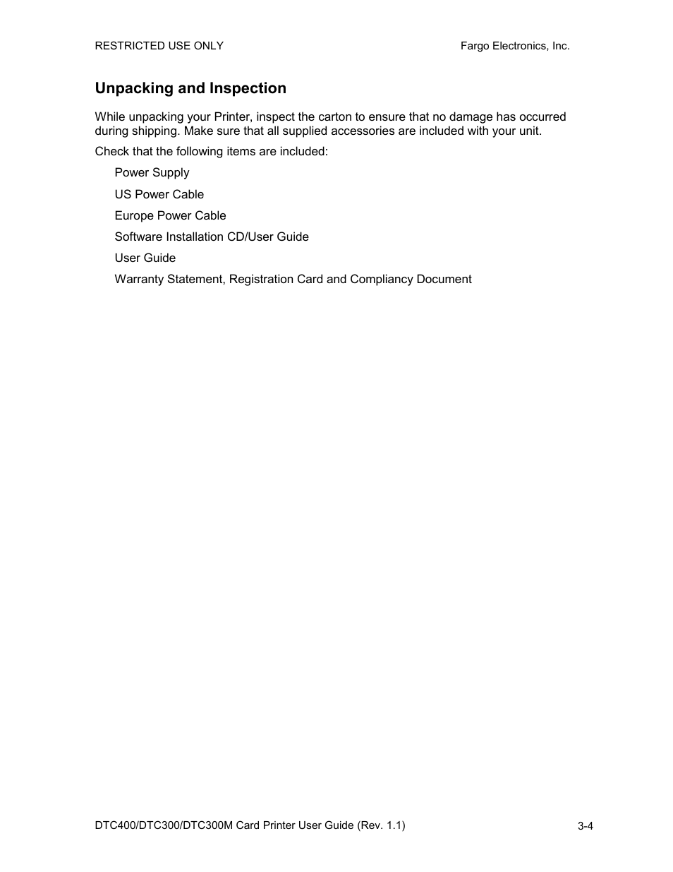 Unpacking and inspection, Unpacking and inspection -4 | Fargo DTC300 User Manual | Page 32 / 278