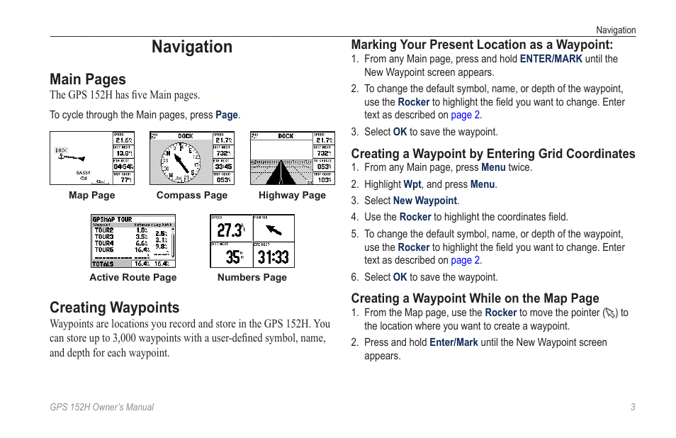 Navigation, Creating waypoints, Main pages | Garmin GPS 152H User Manual | Page 7 / 32