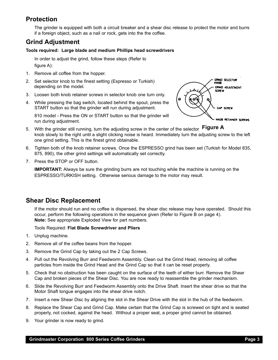 Protection, Grind adjustment, Shear disc replacement | Grindmaster 890 User Manual | Page 3 / 8