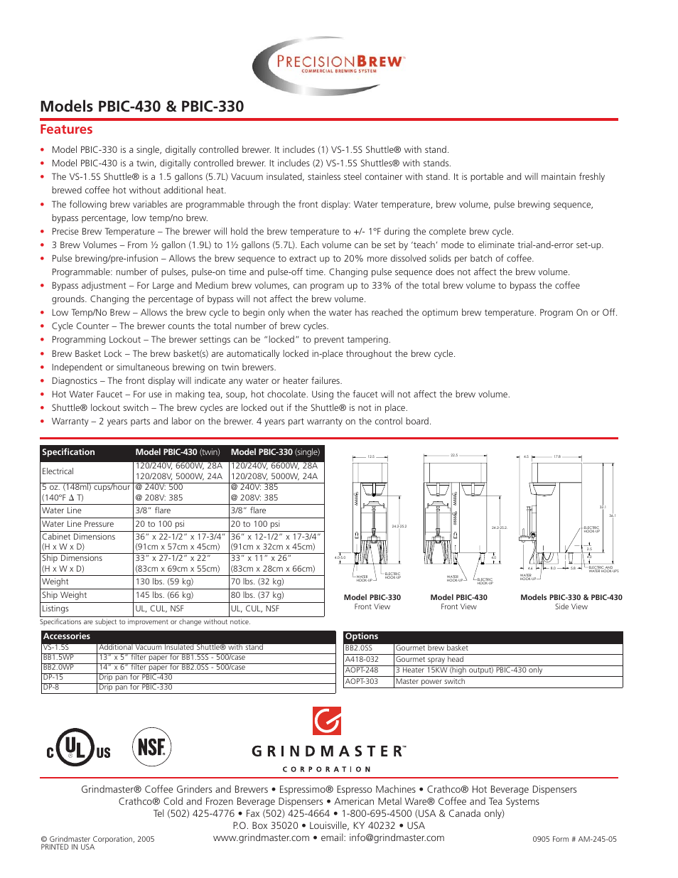 Features | Grindmaster PBIC-430 User Manual | Page 2 / 2