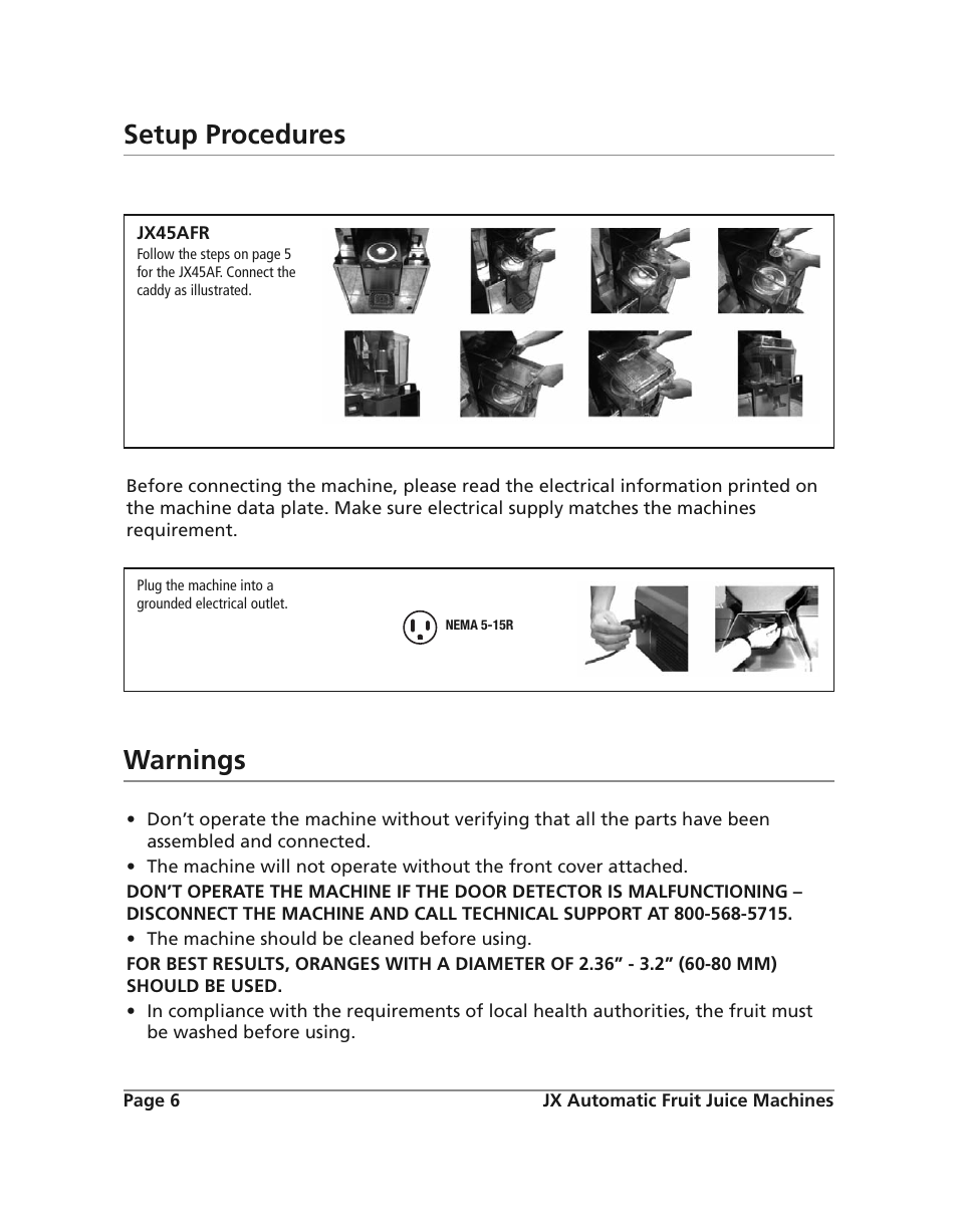 Setup procedures, Warnings | Grindmaster JX45AF User Manual | Page 6 / 10