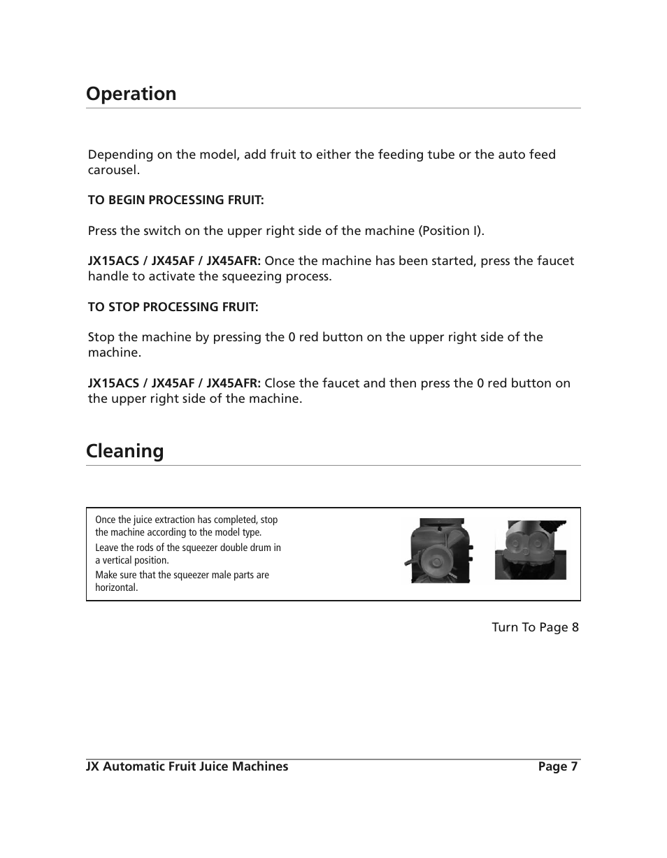 Operation, Cleaning | Grindmaster JX45AF User Manual | Page 7 / 10