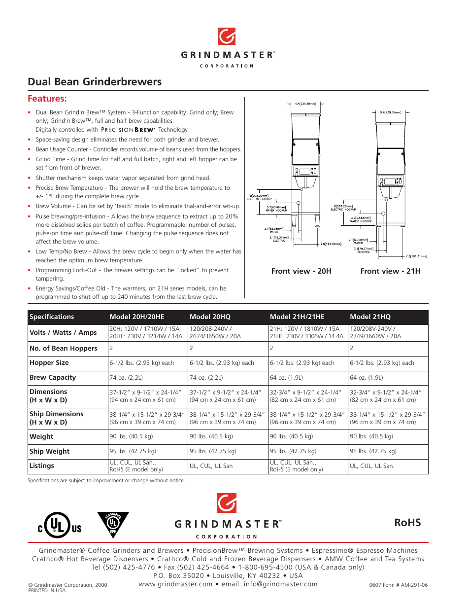 Dual bean grinderbrewers, Rohs, Features | Grindmaster Grind' n Brew Series 21H User Manual | Page 2 / 2
