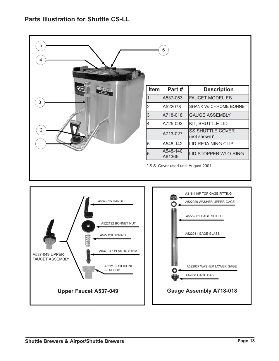 Parts illustration for shuttle cs-ll, Item part # description | Grindmaster P400E User Manual | Page 18 / 36