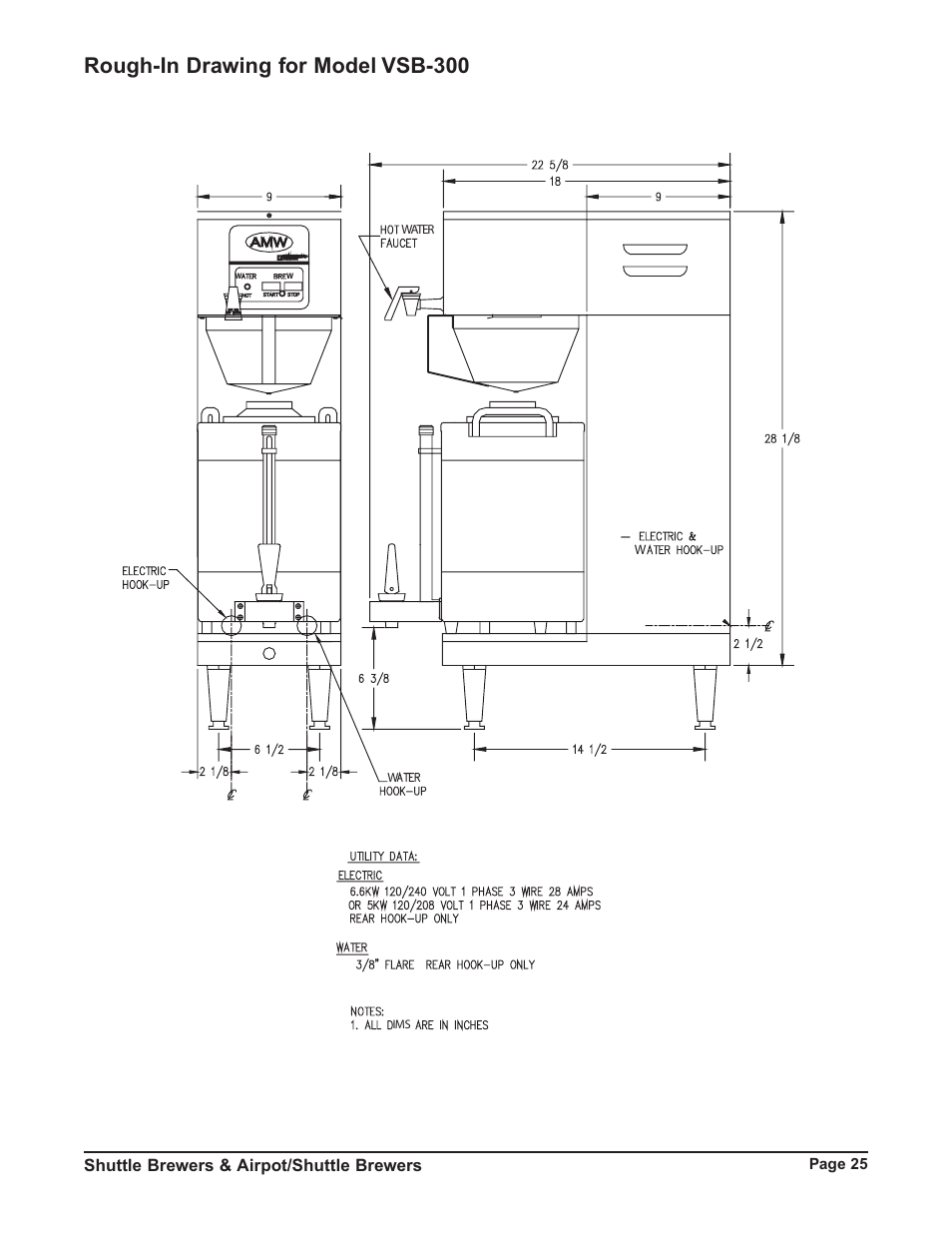 Rough-in drawing for model vsb-300, Shuttle brewers & airpot/shuttle brewers | Grindmaster P400E User Manual | Page 25 / 36