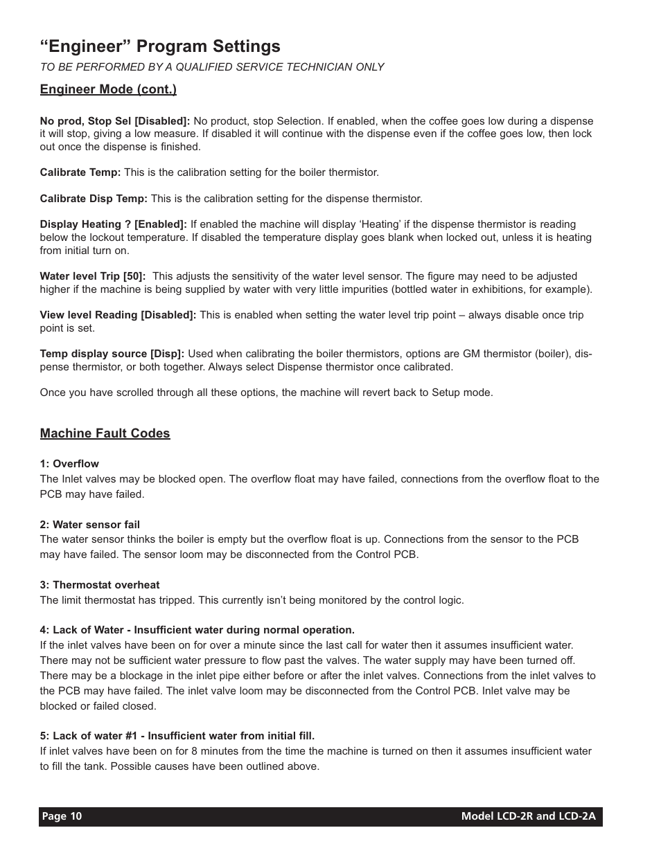 Engineer” program settings | Grindmaster LIQUID COFFEE DISPENSER LCD-2A User Manual | Page 10 / 20