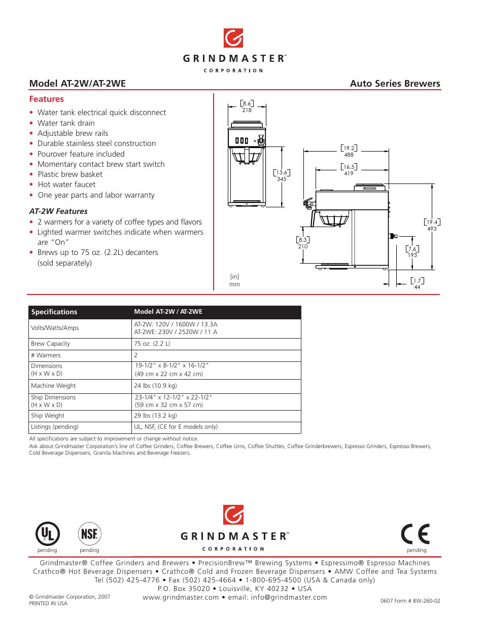 Model at-2w/at-2we, Auto series brewers, Features | Grindmaster AT-2W User Manual | Page 2 / 2