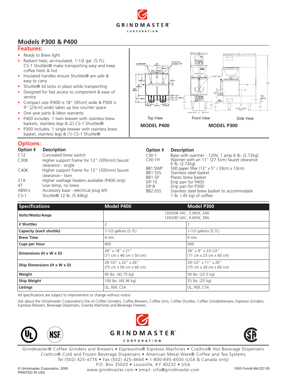 Features, Options | Grindmaster P300 User Manual | Page 2 / 2