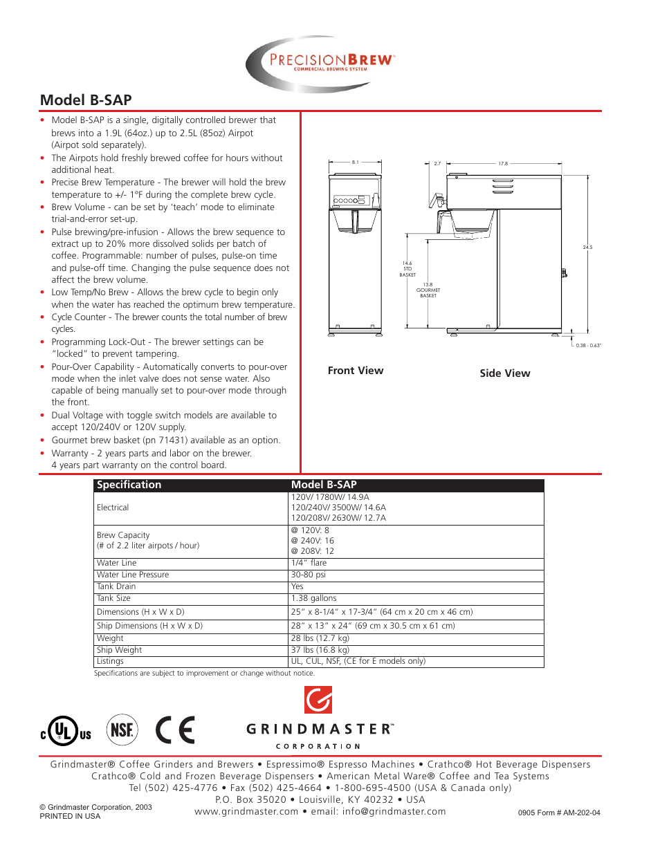 Model b-sap | Grindmaster B-SAP User Manual | Page 2 / 2