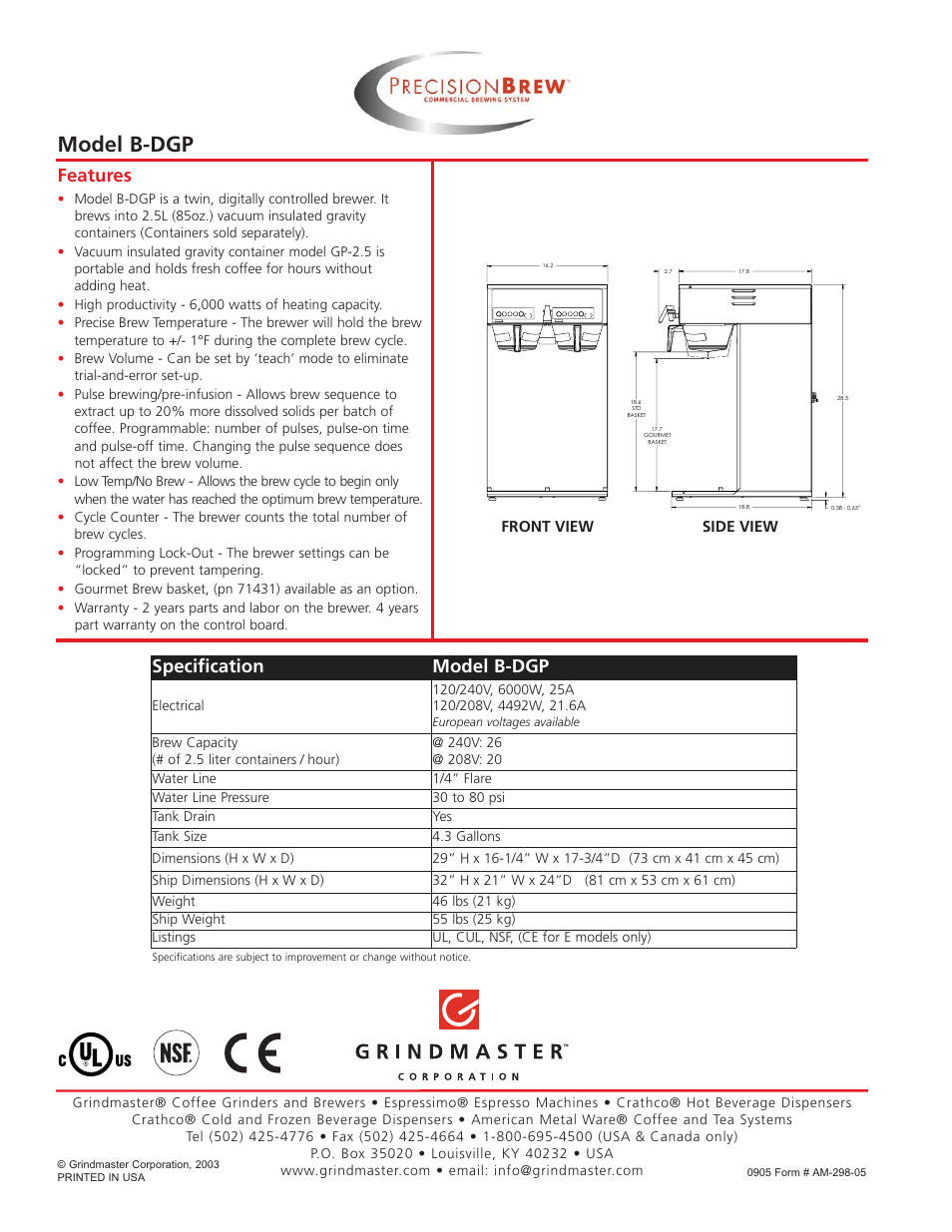 Model b-dgp, Features, Specification model b-dgp | Grindmaster B-DGP User Manual | Page 2 / 2