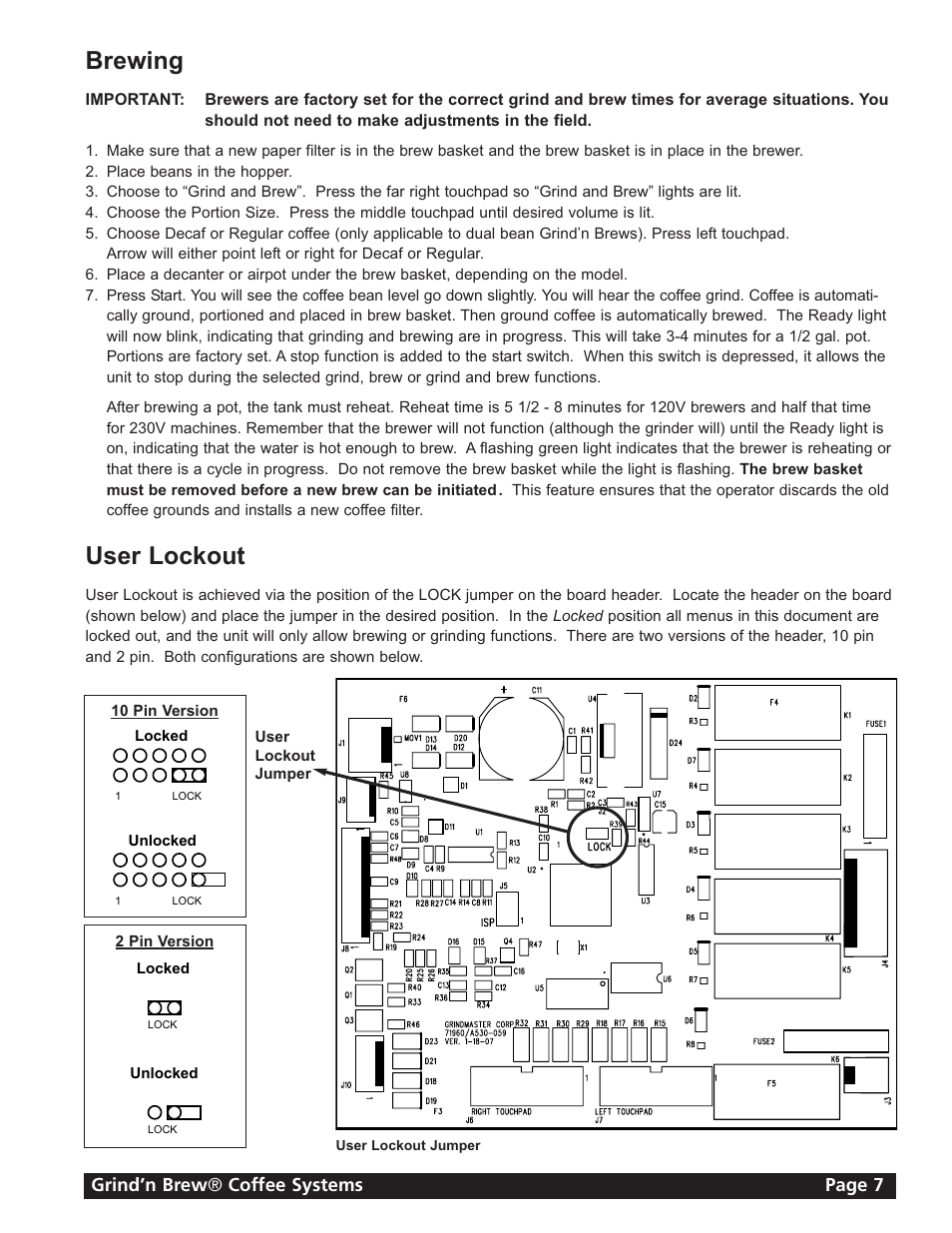 Brewing, User lockout | Grindmaster 11 User Manual | Page 7 / 24