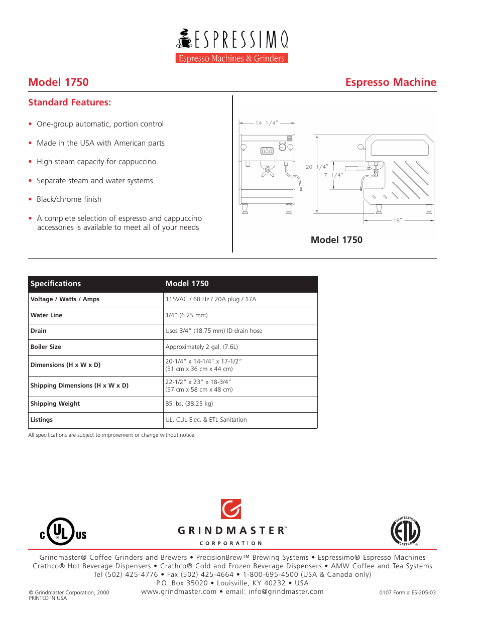 Model 1750 espresso machine, Standard features, Model 1750 | Grindmaster Espressimo 1750 User Manual | Page 2 / 2