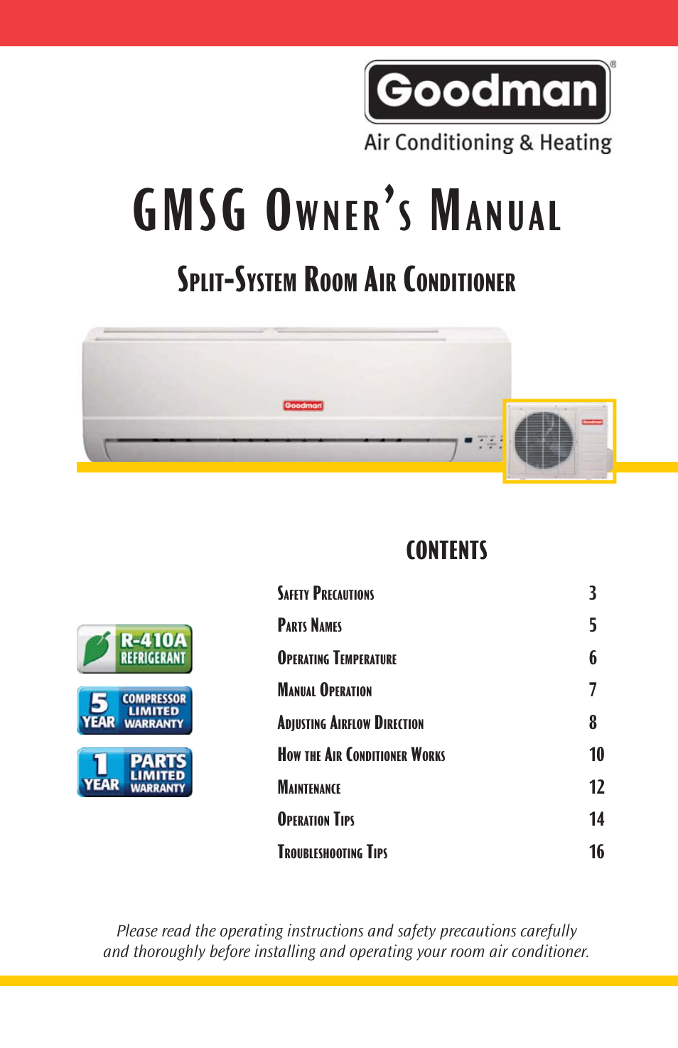Goodmans Split-System Room Air Conditioner GMSG User Manual | 16 pages