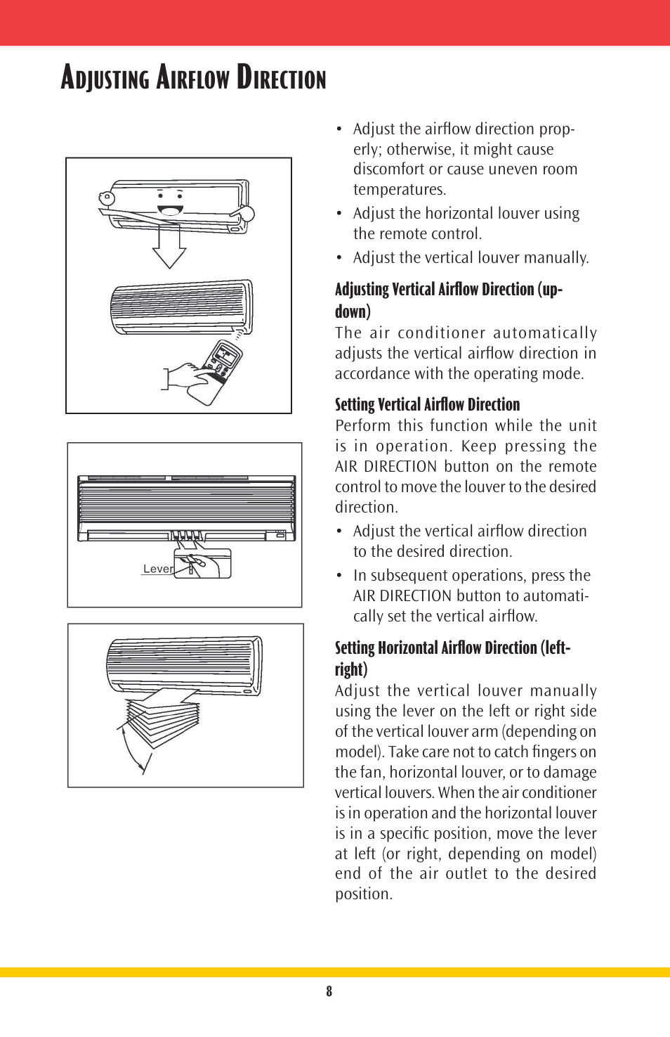 Djusting, Irflow, Irection | Goodmans Split-System Room Air Conditioner GMSG User Manual | Page 8 / 16