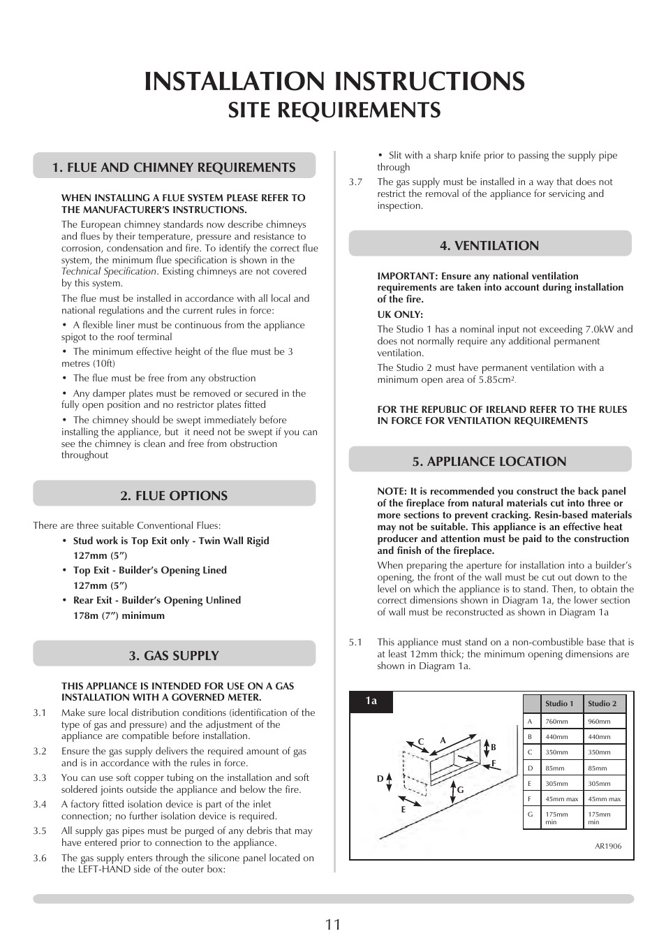 Installation instructions, Site requirements, Flue and chimney requirements | Flue options, Gas supply, Ventilation, Appliance location | Stovax STUDIO 8700CFCHEC User Manual | Page 11 / 33