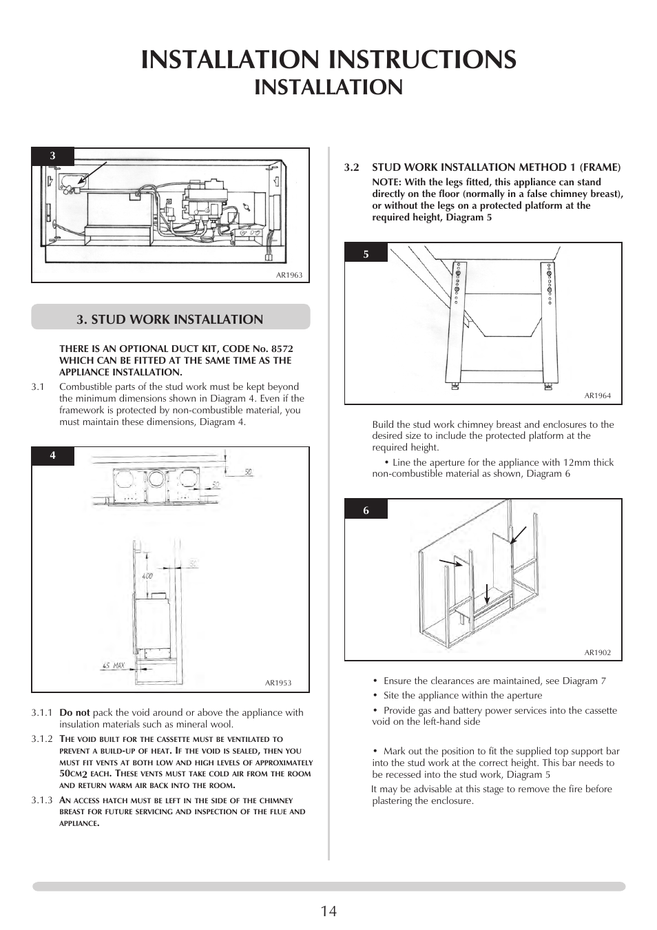 Installation instructions, Installation, Stud work installation | Stovax STUDIO 8700CFCHEC User Manual | Page 14 / 33