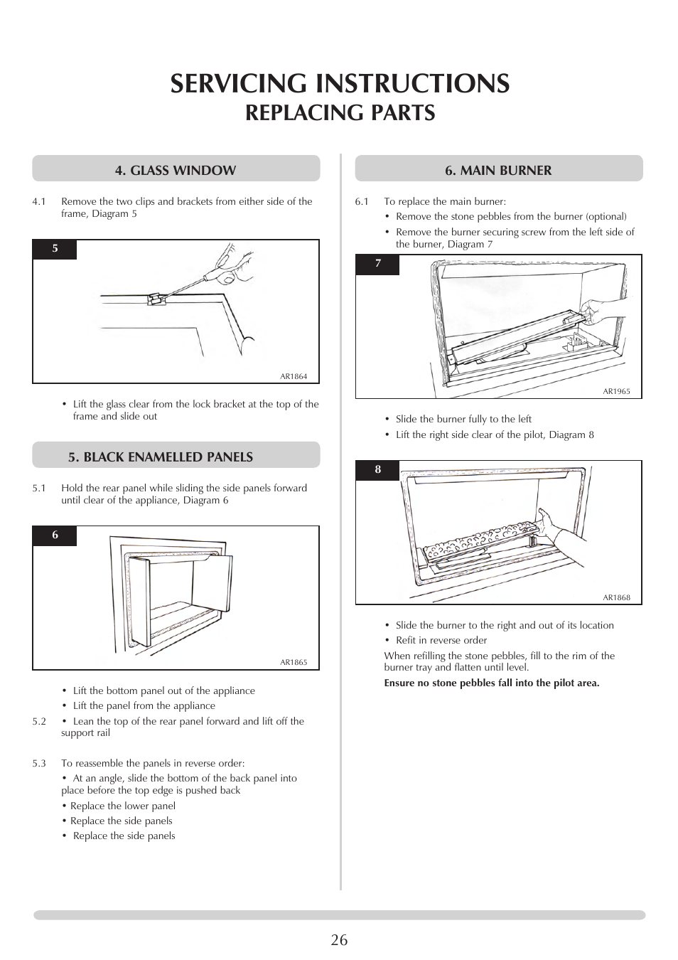 Servicing instructions, Replacing parts, Glass window | Black enamelled panels, Main burner | Stovax STUDIO 8700CFCHEC User Manual | Page 26 / 33