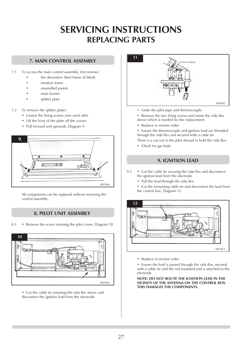 Servicing instructions, Replacing parts, Main control assembly | Pilot unit assembly, Ignition lead | Stovax STUDIO 8700CFCHEC User Manual | Page 27 / 33