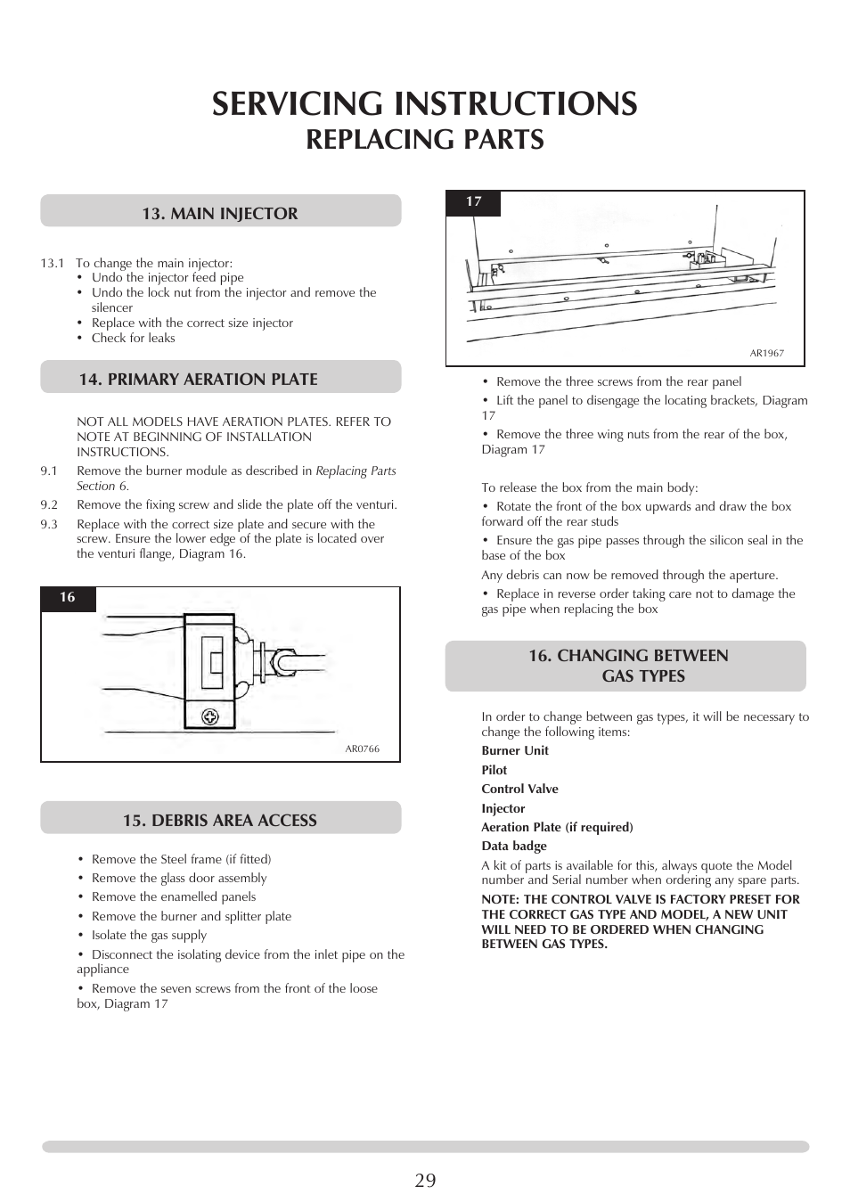 Servicing instructions, Replacing parts, Main injector | Primary aeration plate, Debris area access, Changing between gas types | Stovax STUDIO 8700CFCHEC User Manual | Page 29 / 33