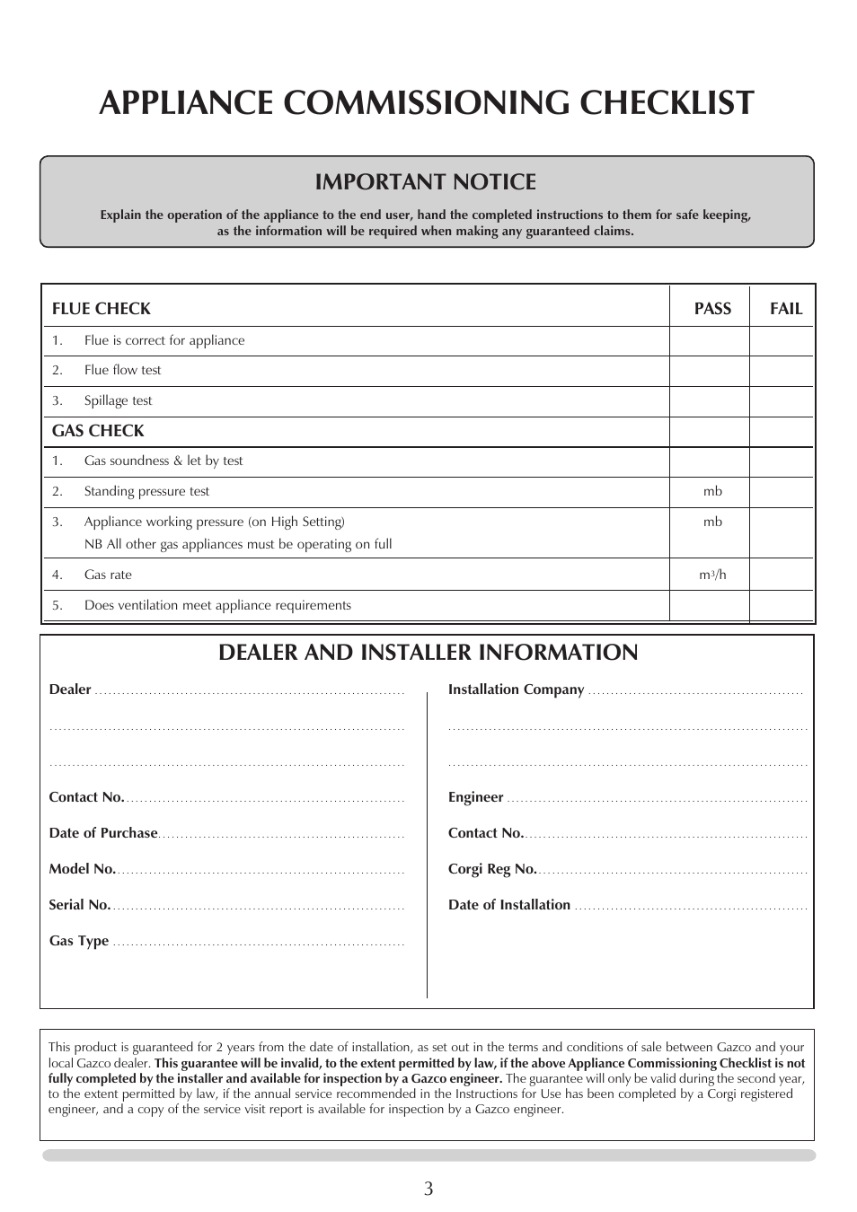 Appliance commissioning checklist, Important notice, Dealer and installer information | Flue check pass fail, Gas check | Stovax STUDIO 8700CFCHEC User Manual | Page 3 / 33