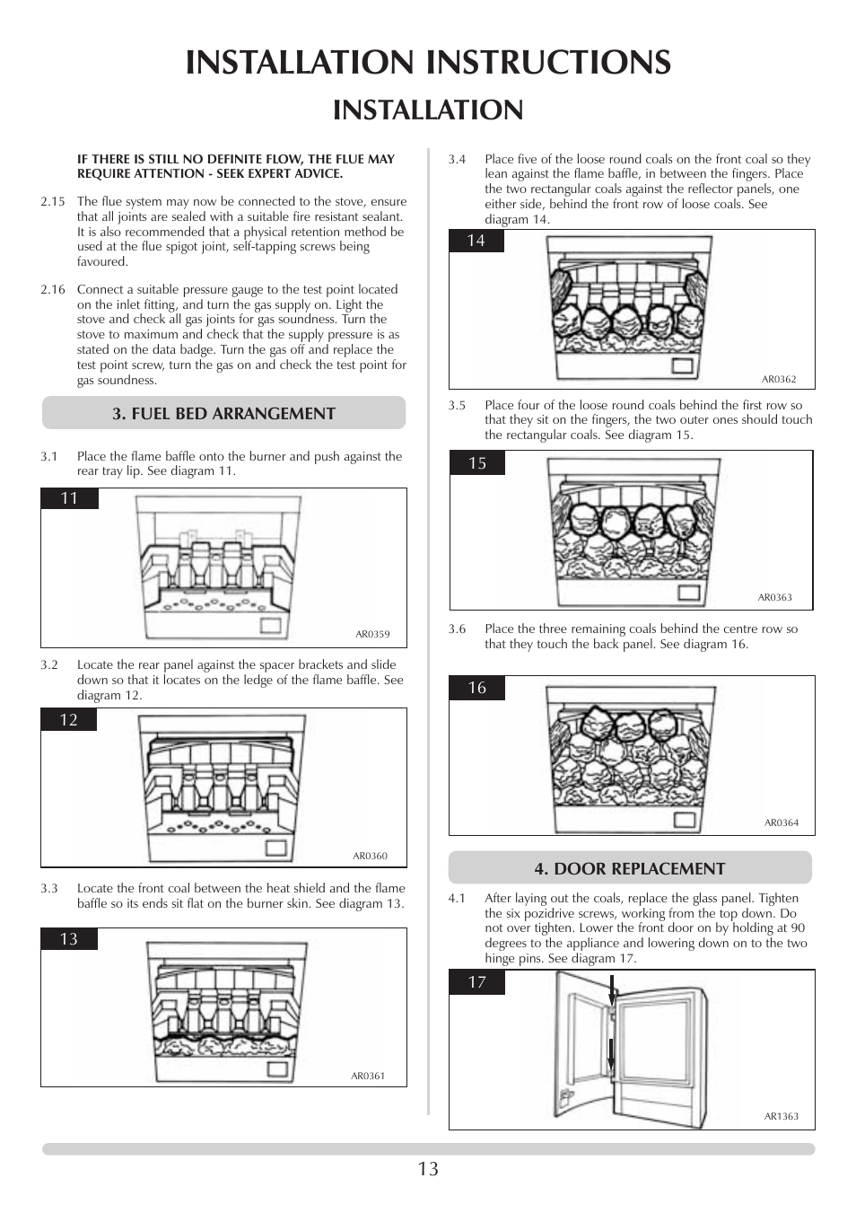 Installation instructions, Installation, Fuel bed arrangement | Door replacement 17 | Stovax F40 User Manual | Page 13 / 24