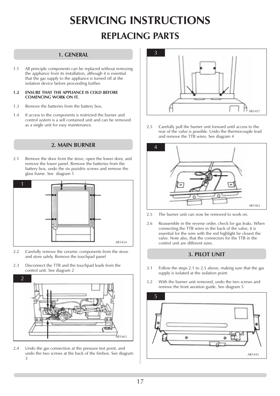 Servicing instructions, Replacing parts, Pilot unit 2. main burner 1. general | Stovax F40 User Manual | Page 17 / 24