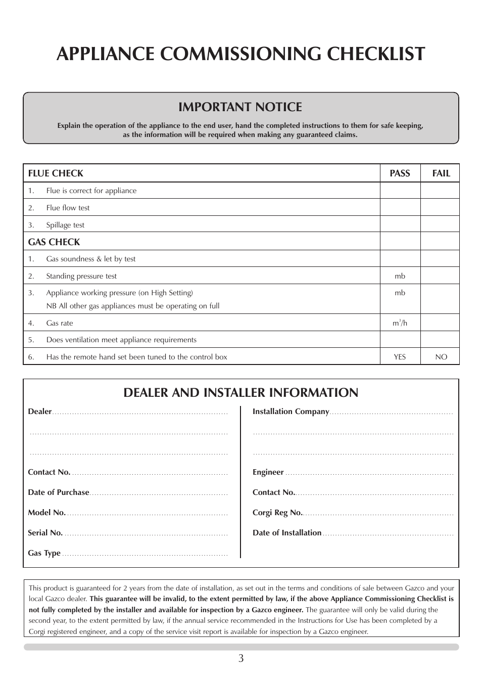 Appliance commissioning checklist, Important notice, Dealer and installer information | Flue check pass fail, Gas check | Stovax F40 User Manual | Page 3 / 24