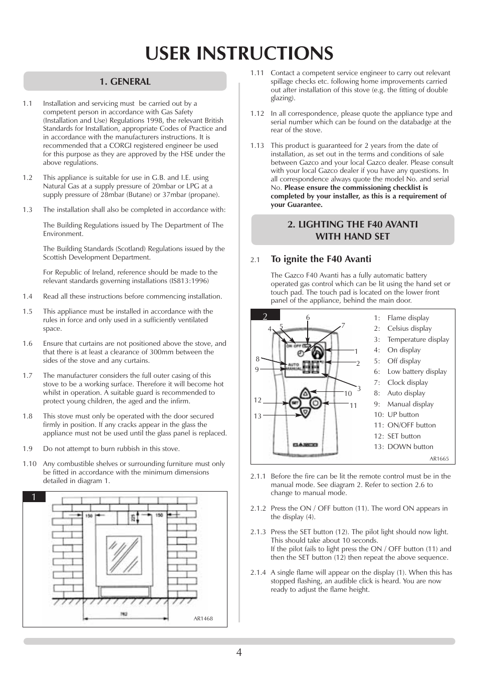 User instructions, Lighting the f40 avanti with hand set 1. general | Stovax F40 User Manual | Page 4 / 24