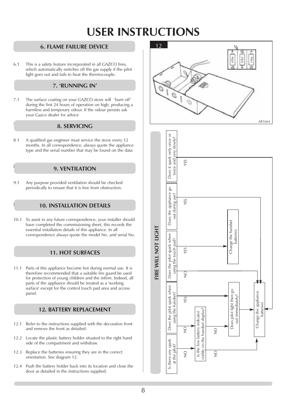 User instructions, Flame failure device 12, Fire will no t light | Stovax F40 User Manual | Page 8 / 24