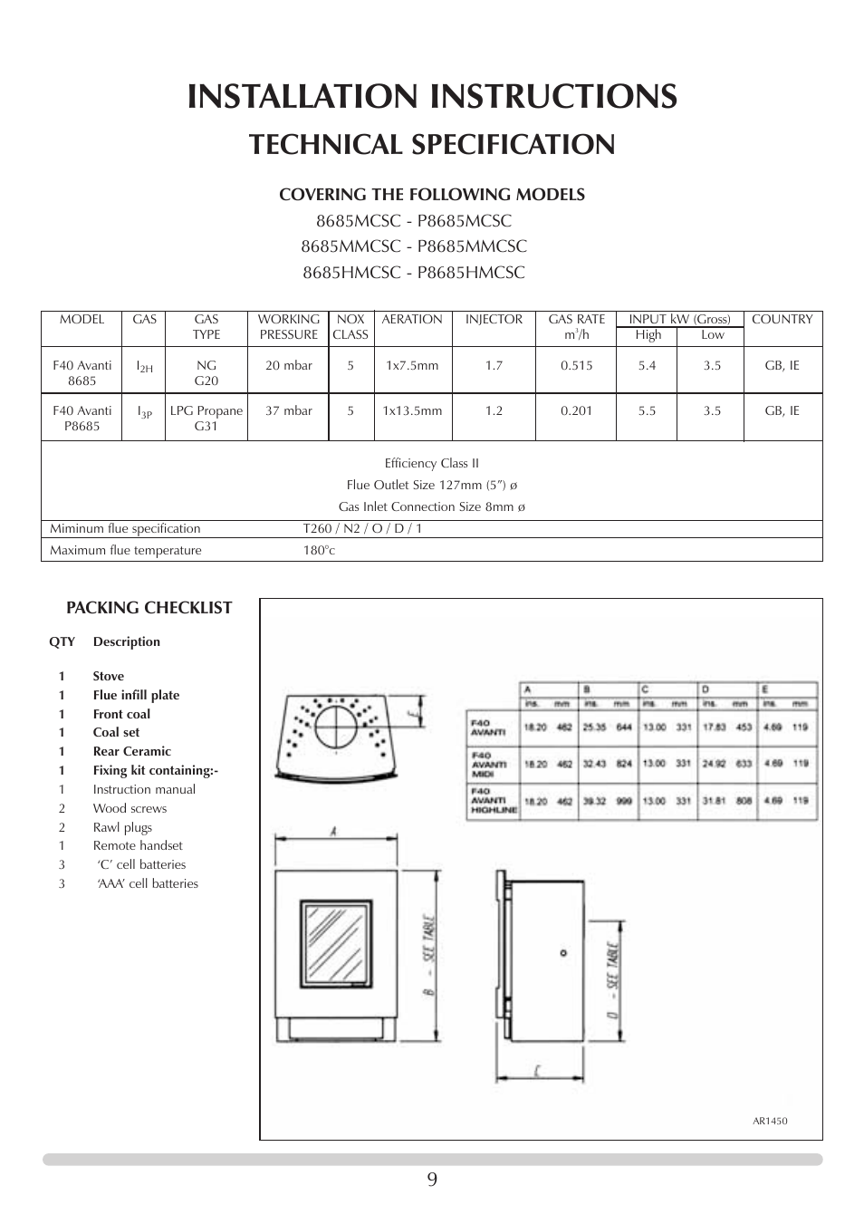 Installation instructions, Technical specification, Packing checklist | Stovax F40 User Manual | Page 9 / 24