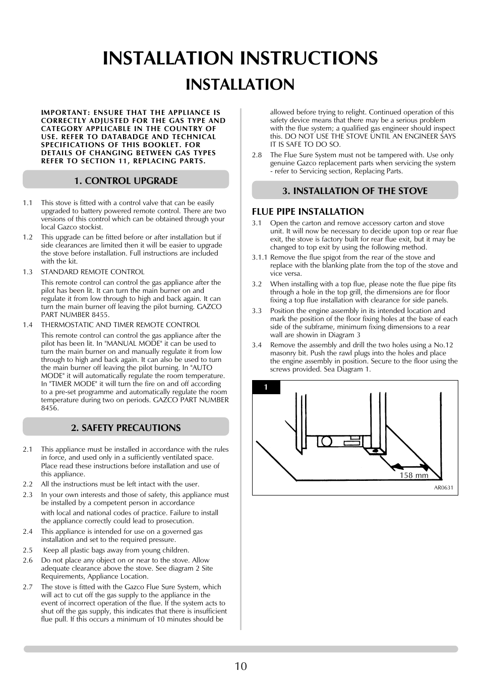 Installation instructions, Installation, Control upgrade | Safety precautions, Installation of the stove flue pipe installation | Stovax Ceramica Gazco Ceremica Log Effect Stove Range User Manual | Page 10 / 24