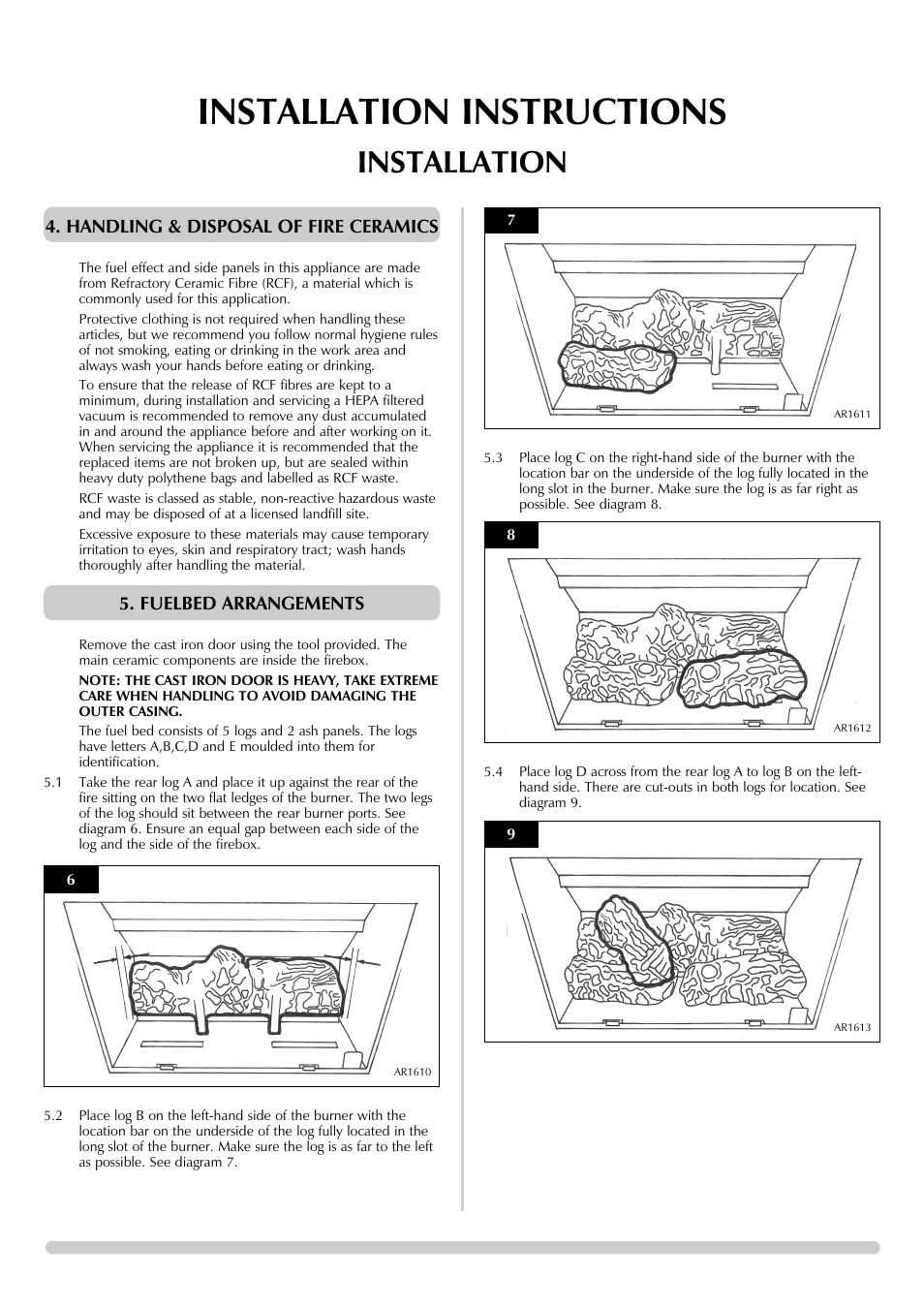 Installation instructions, Installation, Handling & disposal of fire ceramics | Fuelbed arrangements | Stovax Ceramica Gazco Ceremica Log Effect Stove Range User Manual | Page 12 / 24